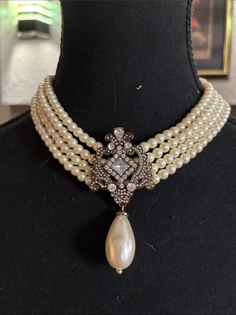 Vintage Cream Pearl Multi-Strand Choker with Rhinestone Filigree and Teardrop